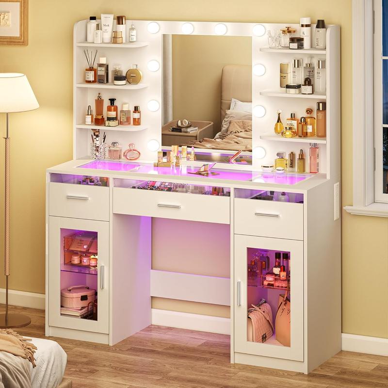 Modern LED Vanity Desk with Mirror & Storage