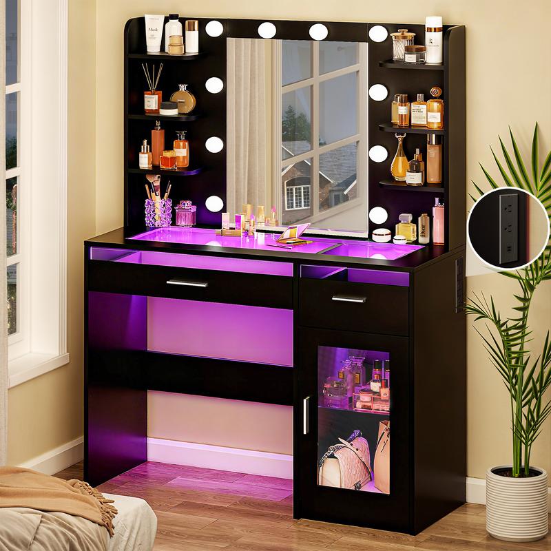 Modern LED Vanity Desk with Mirror & Storage