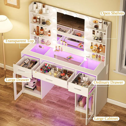 Modern LED Vanity Desk with Mirror & Storage