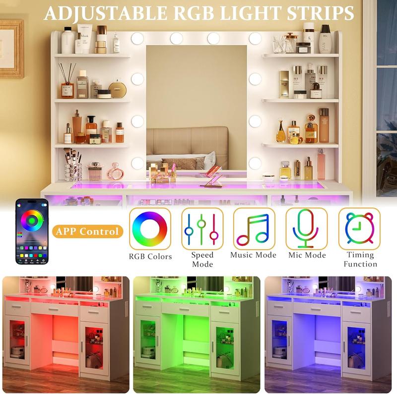 Modern LED Vanity Desk with Mirror & Storage