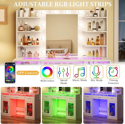 Modern LED Vanity Desk with Mirror & Storage