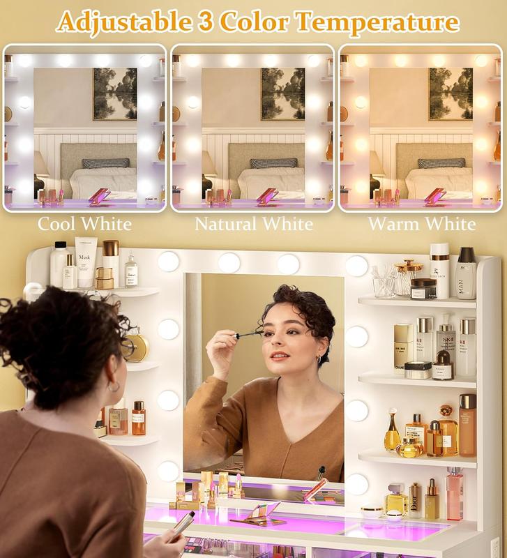 Modern LED Vanity Desk with Mirror & Storage