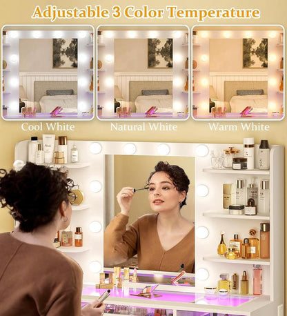 Modern LED Vanity Desk with Mirror & Storage