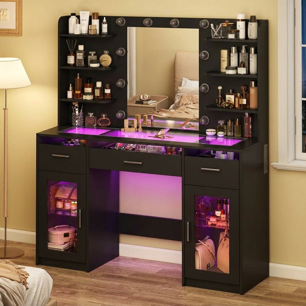 Modern LED Vanity Desk with Mirror & Storage
